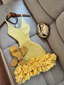 Sunny Babe Style · Crochet Knit Cami Dress Deep V-neck with thin spaghetti straps, waist-cinching design paired with ruffled hem. Perfect for sweet & spicy, resort, and semi-formal looks; ideal for beach days, tropical trips, candlelit dinners, and girls'