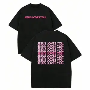 Jesus Loves You Pink Retro Graphic Tee Christian Faith Apparel Minimalist Religious Quote T-Shirt Casual Daily Wear Church Outfit Trendy Spiritual Top for Women