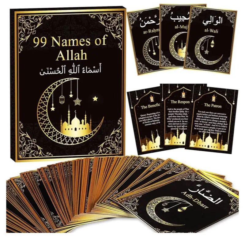 99 Names of Allah Flashcards Quran Verses Asma UI Husna Cards Eid Al Adha Learning Cards in Arabic and English Eid or Ramadan Gifts for Family Friends 5.7×3.1 Inches