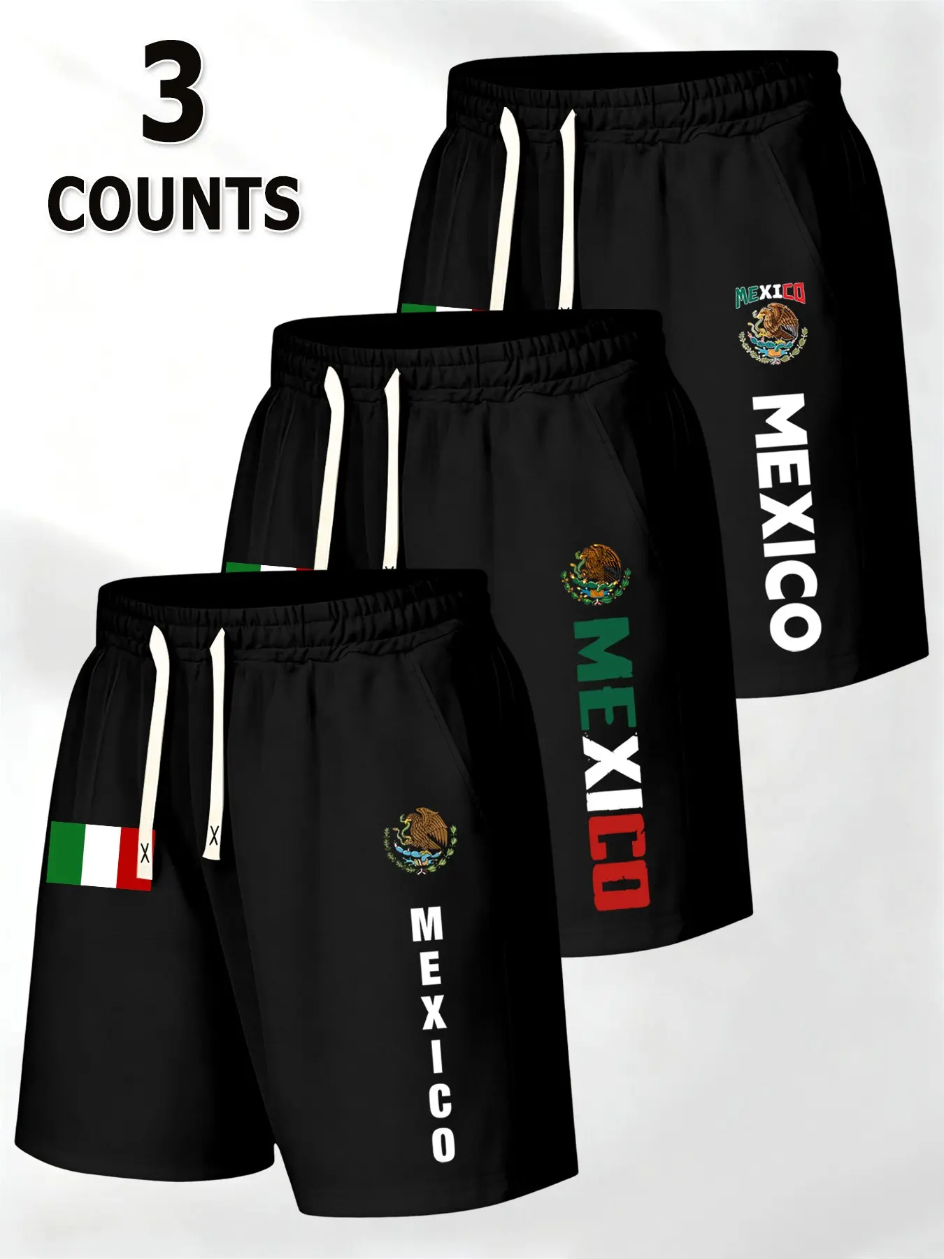 Men's Sporty 3-Piece Pocket Shorts, Mexican Theme Print Design, Elastic Waistband for Comfort, Loose-Fitting Short Pants, Streetwear Sports Shorts, Casual Sporty Shorts, Shorts With Pocket, Shorts Sportswear