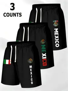 Men's Sporty 3-Piece Pocket Shorts, Mexican Theme Print Design, Elastic Waistband for Comfort, Loose-Fitting Short Pants