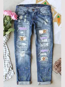 Women's Patch Ripped Distressed Mid-Waist Boyfriend Fit Washed Cute Easter Rabbits Eggs Animal Print Loose Denim Jeans Pants Elastic Waistband Breathable Comfy for All Seasons