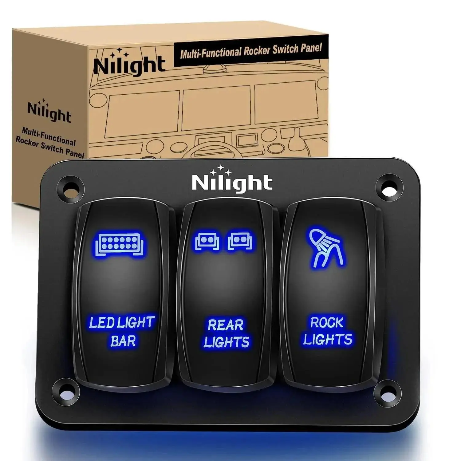 Nilight 3-Gang 5-Pin SPST ON/OFF Rocker Switch Panel - Blue LED Glowing Push Button, Aluminum+ABS, Laser Etched, Compatible with Car, ATV Light Bars, Glowing Switch Push Button Switches, Switch Panel Push Button Switches