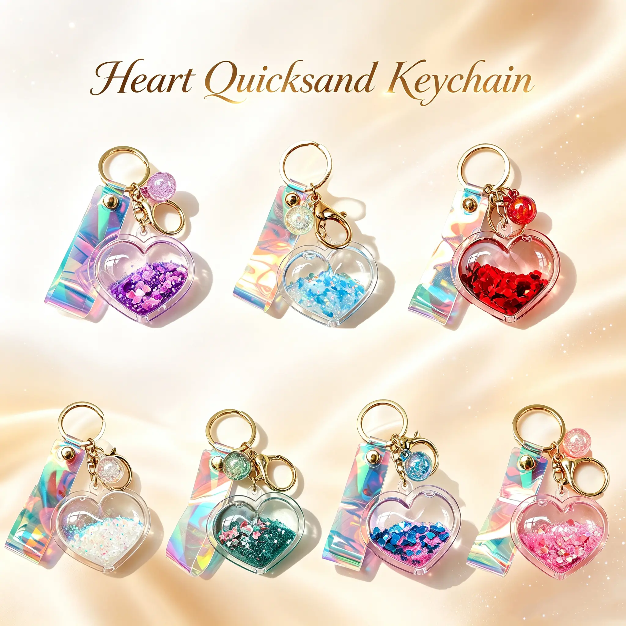 Heart Quicksand Keychain with Flowing Glitter, Colorful Sequins in Transparent Shell, Shiny Holographic Strap – Fashion Accessory for Personal Use or Gifting