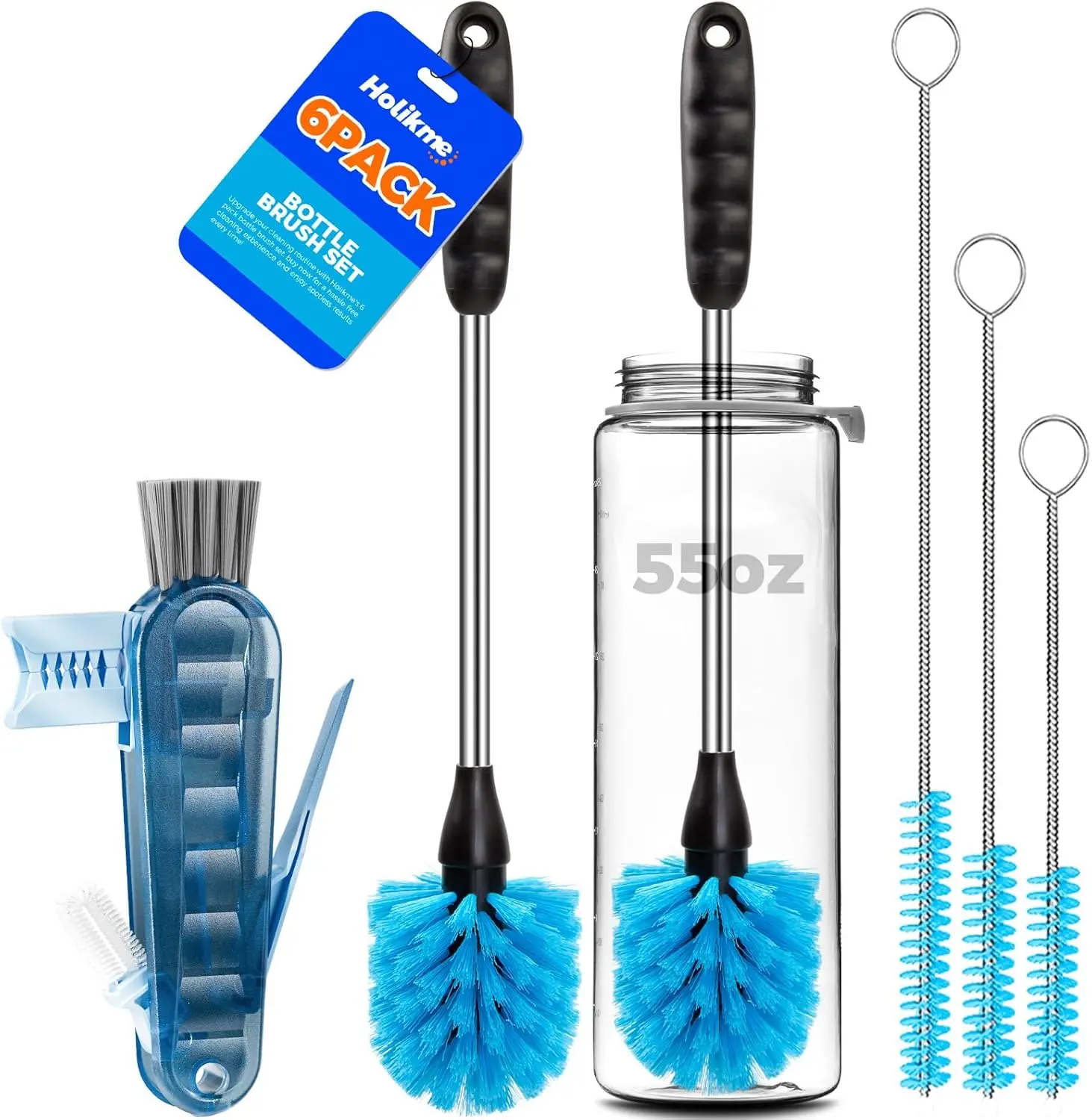 Holikme 6 Pack Brush Set, 14" Long Handle Stainless Steel Cleaner, 3 Straw Brushes, 4-In-1 Cleaning Brush for Water and Baby Bottles Straws, Aqua