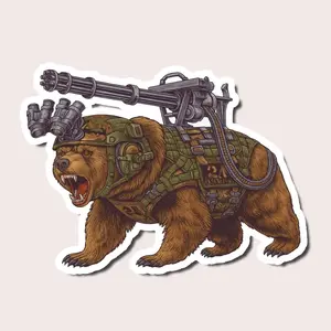 Tactical War Bear Sticker, Military Armor Grizzly with Machine Gun Helmet, Cool Combat Animal Decal for Laptop, Car, Water Bottle, Laptop Water Bottle Decal Sticker