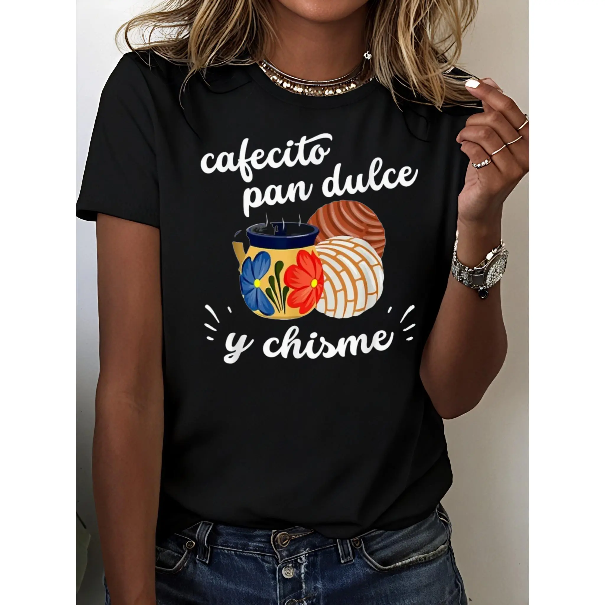 Women's Graphic T-Shirt, Fitted Figure-Flattering Casual Style in Pure Cotton with 'Cafecito Pan Dulce y Chisme' Print, Wedding, Chic, Cartoon, Graphic Print, Party, Shortsleeve, Lady, Round Neck, Digital Print