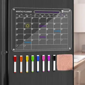 Acrylic Magnetic Calendar for Fridge, 12"X16" Clear Acrylic Magnetic Dry Erase Planning Board of Monthly Calendar for Refrigerator with 8 Colored Markers and a Towel