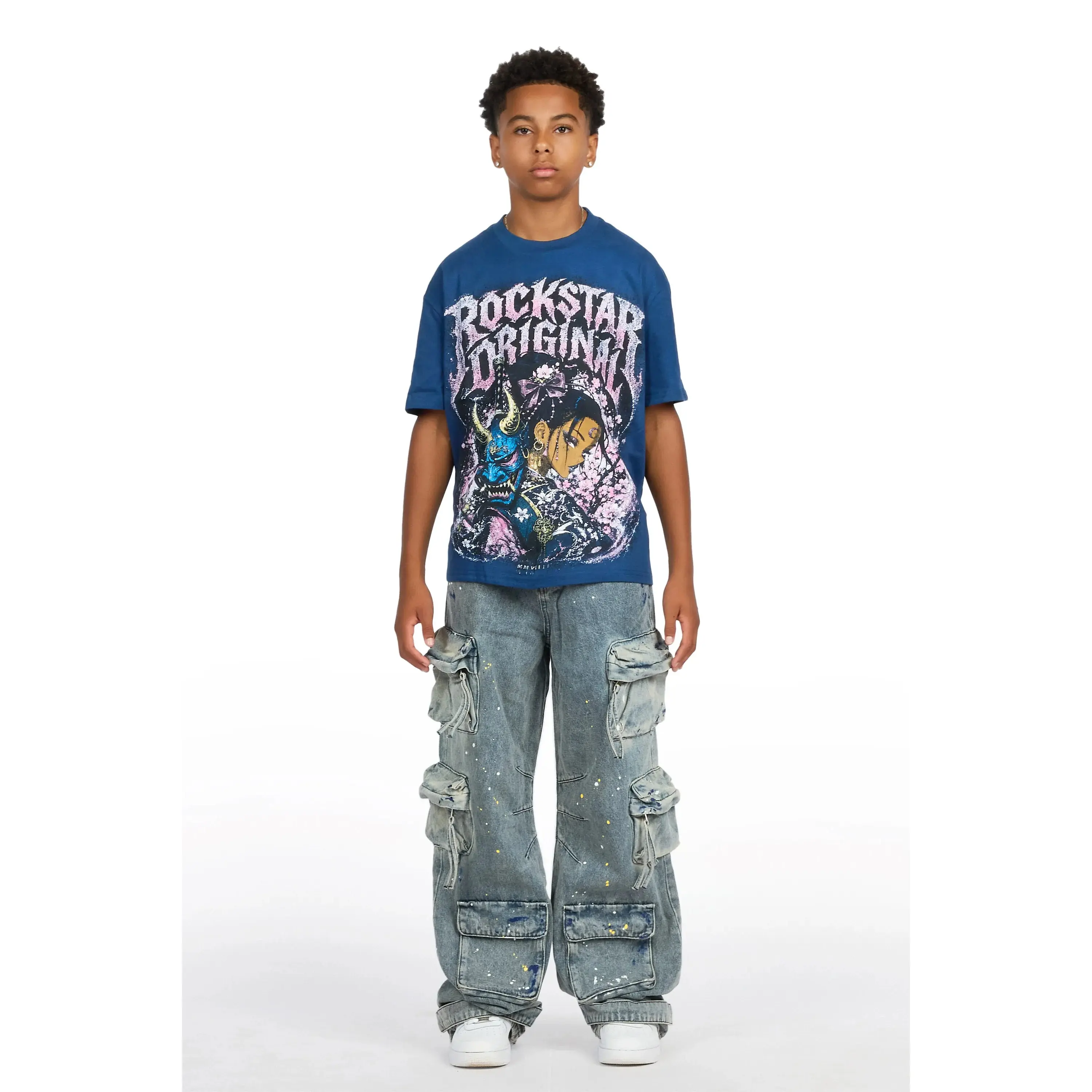 Boys Kavero Navy/Blue T-Shirt Painter Baggy Jean Set