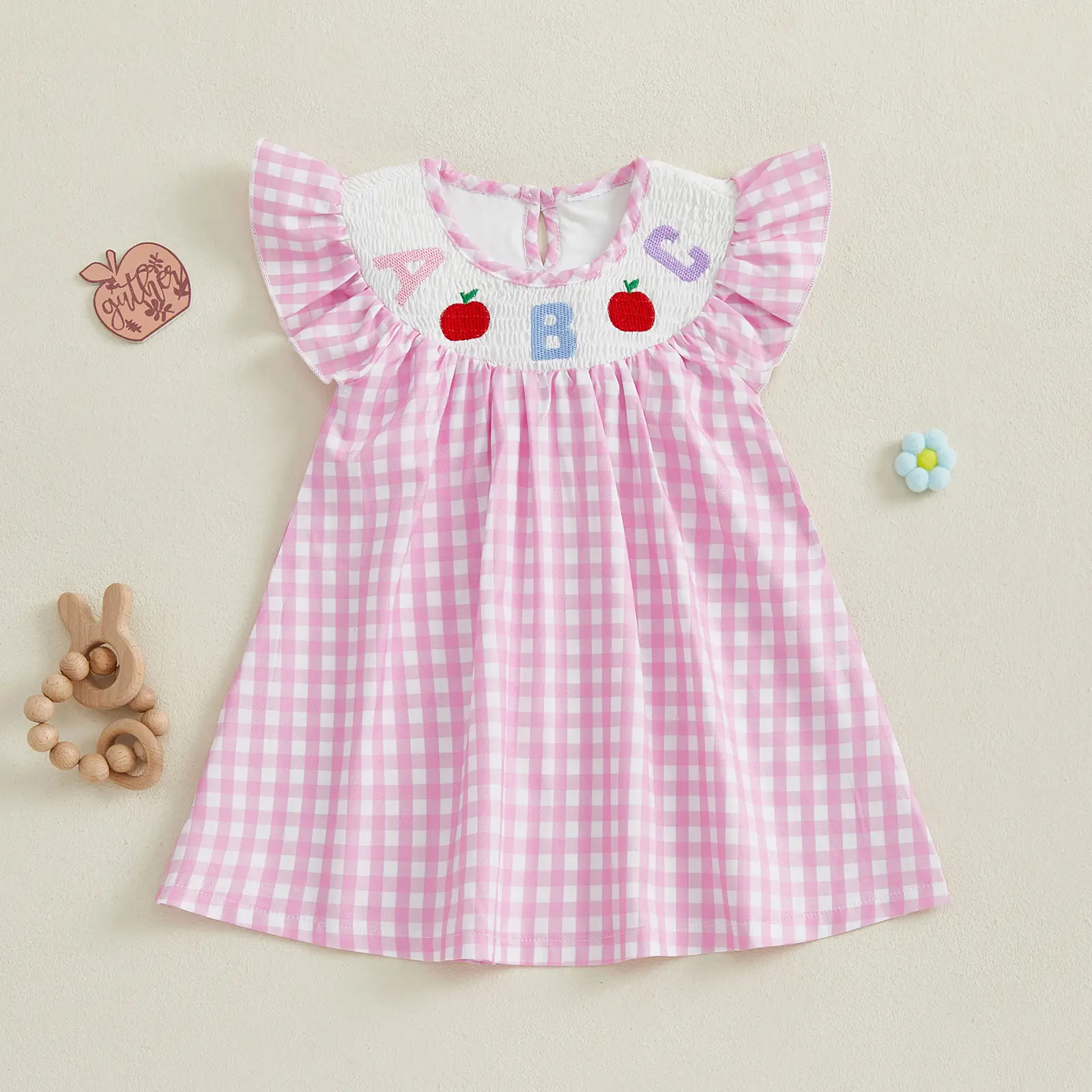 Toddler Girls Back to School Dress Summer Letter Apple Embroidery Plaid Print Fly Sleeve Dress for Cute Clothes
