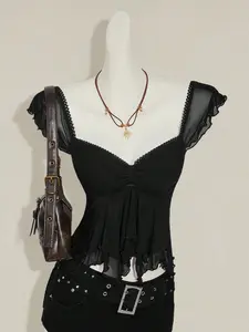 Summer New Fashion Women Front Ruched Slim Fit Sexy Mesh Hollow Out Cold Shoulder Tank Top, Casual Beach Vacation Goth Style