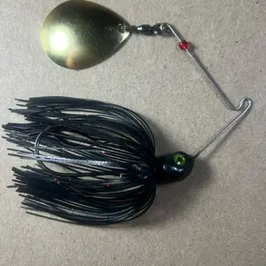 042 Custom Bingo Spinnerbait, 1/2oz Black/Red Flake Night Thumper Single Colorado Gold Blade with 80-Strand Tournament-Grade ProUmbrella Skirt, Brass-Based Premium Components, Hand-Crafted in Texas, USA.
