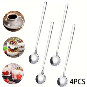 Stainless Steel Coffee & Cocktail Spoon, 4 Counts Long Handle Serving Spoon, Household Kitchen Products Perfect for Mixing & Stirring, Home Bar Accessories