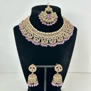 Bollywood Polki Necklace Set with Small Jhumka and Tikka - Elegant Design and Pearl Details