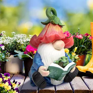 Garden Gnome Statue-Resin Gnome Figurine Hugging Turtle Reading Book with Solar LED Lights Outdoor Summer Decorations