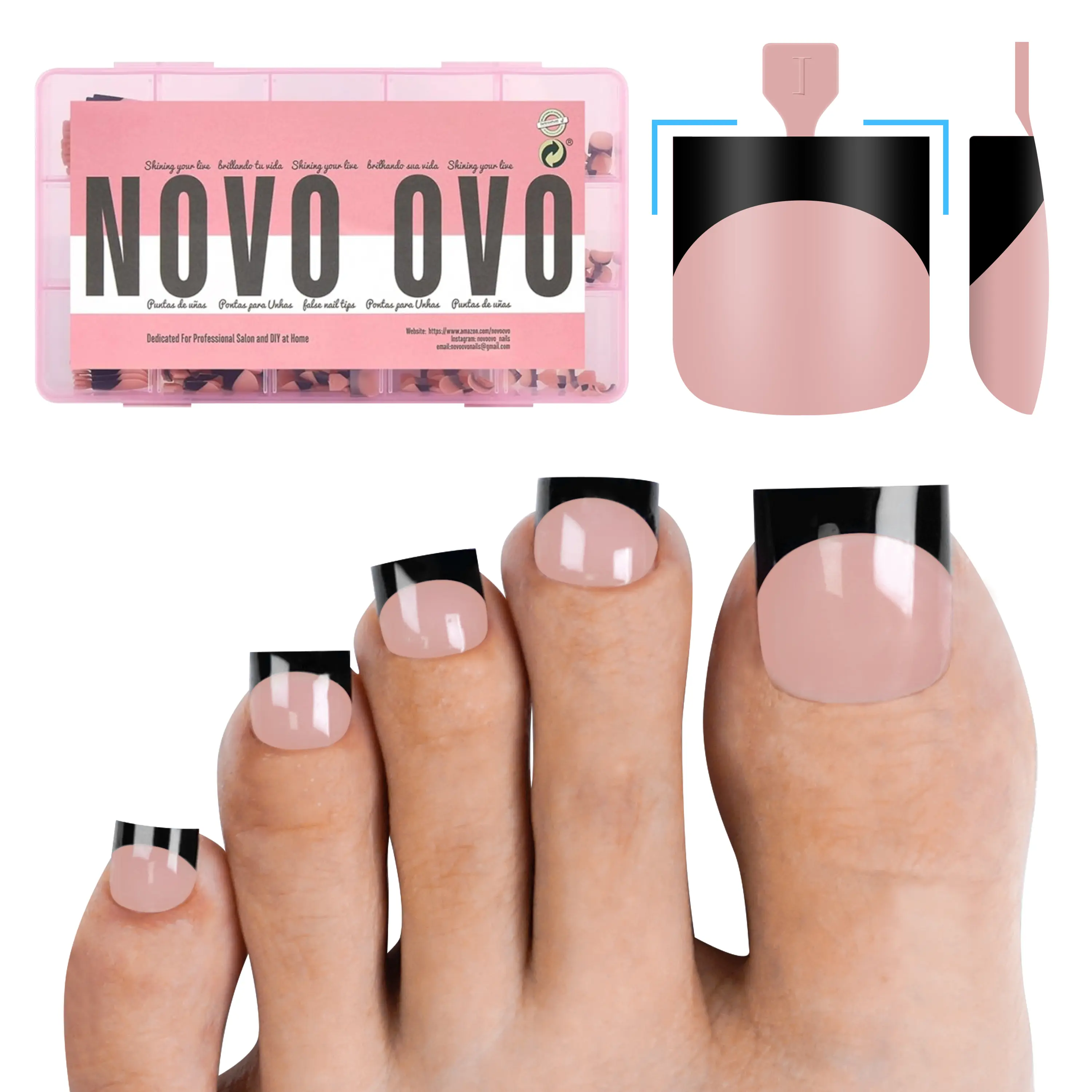 NOVOOVO Press On Toenails, Black French Tip, Long Sharp Square Soft Gel False Nails for DIY Pedicure, Full Cover Nail Extension Kit, 240 Pcs, 15 Sizes, Removable False Nails