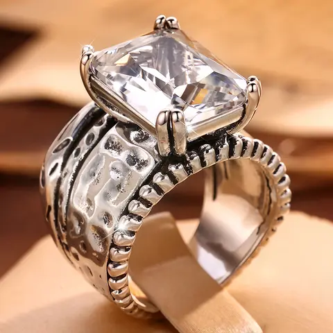 Women's Retro Vintage Rectangular Statement Ring - Geometric Bold Jewelry for Women, Textured Details, Unique Jewelry, Accessories for Adults Female, Elegant Party-Wedding Accessory with Layered Look Compatibility