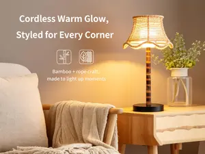 Boho Cordless Table Lamp with 2 Rechargeable 3-Color Bulbs, Handwoven Rope Shade, Natural Bamboo Pole & Solid Wood Base for Bedroom Living Room Deco