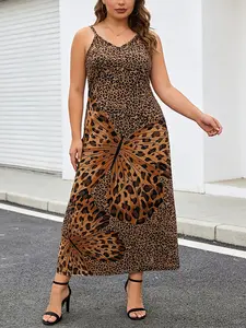 Women's Party Vacation Plus Size Long Dress, Leopard Butterfly Print Design, Curvy Girls Summer Essential Strapless Sleeveless Dress