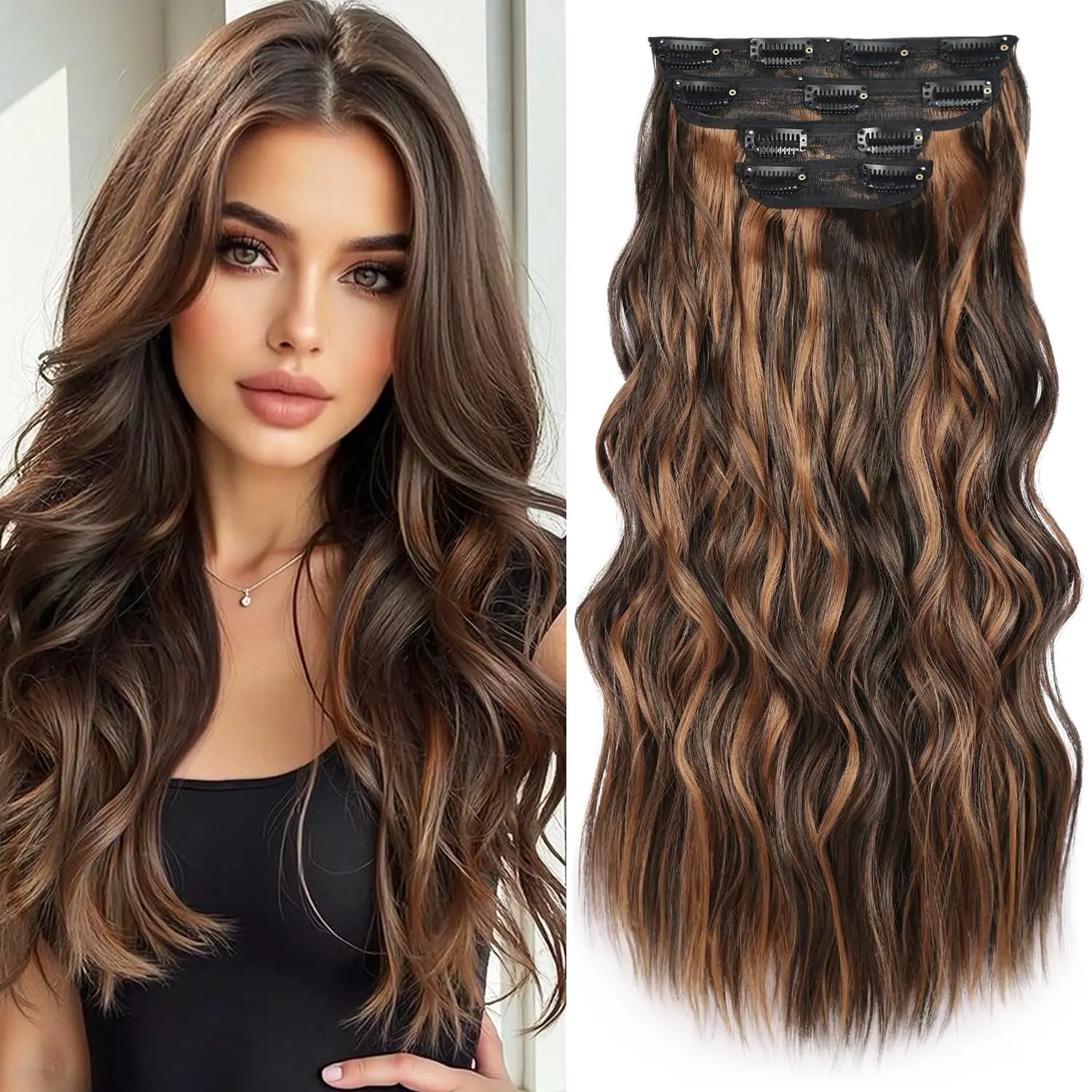 4PCS Clip in Hair Extensions for Women Brown Highlighted Caramel Blonde Long Wavy Thick Hair Extensions Clip in Double Weft Hair Extension for Daliy Use girl daily party use