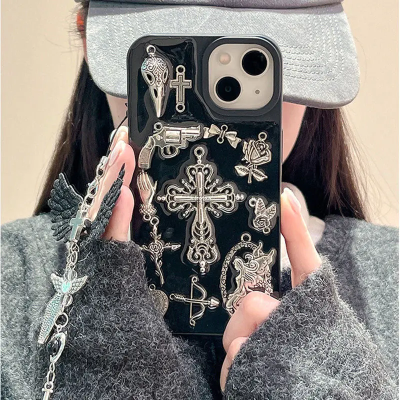 Ins Dark wind three-dimensional cross for iPhone15Promax Apple 14 phone case premium feeling