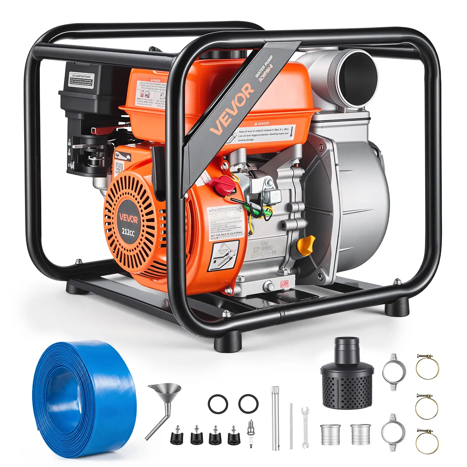 VEVOR Heavy Duty 3-in Gas Powered Semi Trash Water Transfer Pump, 7HP, 264GPM Flow, High Lift Performance, 25-ft Discharge Hose, Cast Iron Impeller, Anti-Vibration Foot Pads, Outdoor Use for Pool, Farm, Garden Irrigation (Complete Accessories)