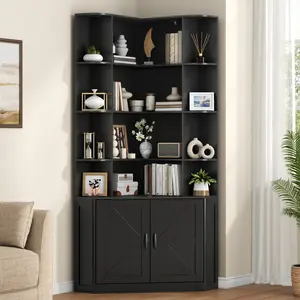 Black Corner Bookshelf for Study, 6 Tier L-Shaped Book Shelf with 12 Open Racks and Storage Cabinet Doors, 70'' Tall Corner Bookcase with Adjustable Shelf and Magnetic Catch, Display Cabinet for Living Room