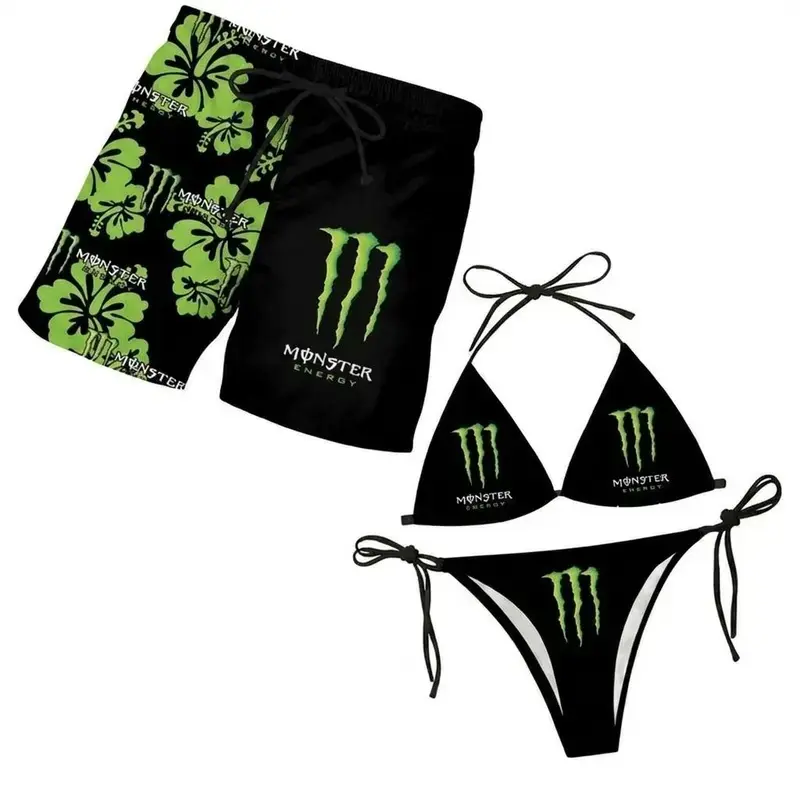 Matching Monster Floral Couple Swimwear Set - Women's Swim Bra & Tie-Side Thong Bikini, Men's Beach Shorts, Summer Vacation Hawaiian Sports Swimwear