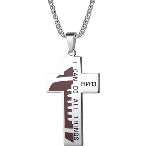 Football Cross Necklace for Men Bible Verse I CAN DO All Things Stainless Steel Sport Pendant for Men