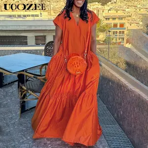 UOOZEE Women's Bright Loose Short Sleeve Pleated Pocket Solid Color Slit V-Neck Maxi Dress Summer Casual Basic Cotton Blend Machine Washable Holiday Dress (Size is one size larger, it is recommended to order one size smaller)