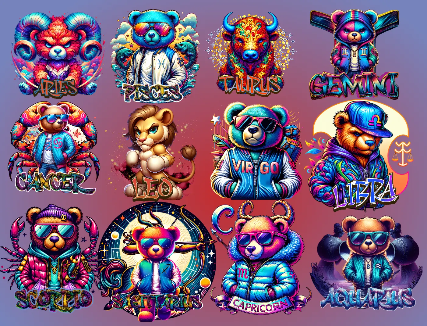 Zodiac Sign Animated DTF Transfers - - Vibrant Full-Color Prints - Easy Application - 10 Inche transfers - Wash-Tested & Long-Lasting, Art, Diy Material ,Canvas, Bags, Building