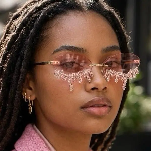 Luxury Rhinestone Drip Rimless Sunglasses – Colorful Bling Fashion Shades