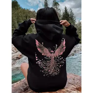 Women's phoenix and nature Graphic - Cotton Blend Black Long Sleeve Pullover Regular Fit | Soft & Breathable Fabric, Durable Print, Everyday Comfort, Machine Washable, fashionable and artistic outdoor natural setting with rocks and water