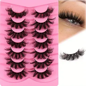 7 Pairs Fluffy Lashes Thick Eyelashes Strips Round Long Thick Fake Lashes 8D Russian D Curl Strips Lashes Wispy Lashes Pack Cosmetic