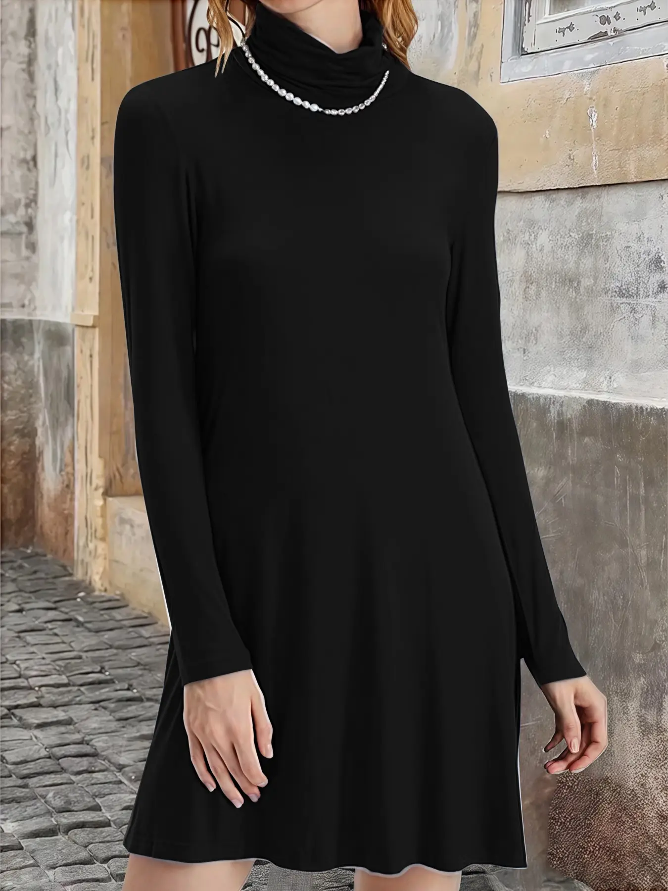 navy blue dress for baby girl Elegant High Neck Long Sleeve Dress, Fall Winter Fashion, Large Size  Women's Clothing, Versatile Commuter Base Layer
