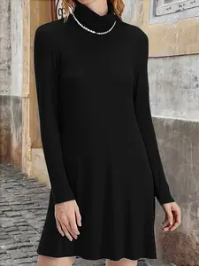 Elegant High Neck Long Sleeve Dress, Fall Winter Fashion, Large Size Women's Clothing, Versatile Commuter Base Layer