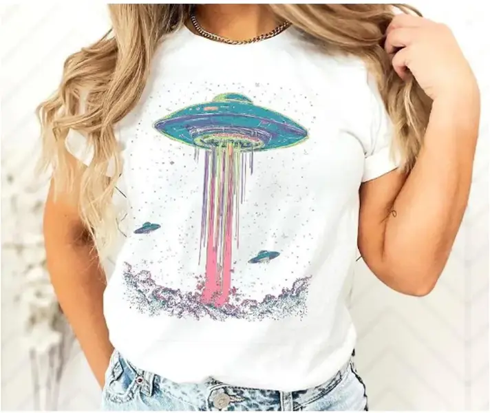 Retro Alien Abduction Tee, Trippy Space UFO Shirt, Outer Space Graphic T-Shirt, Psychedelic Galaxy Print, Funny Sci Fi T-Shirt, Washed Vintage T-Shirts - 100% Cotton Unisex Tees