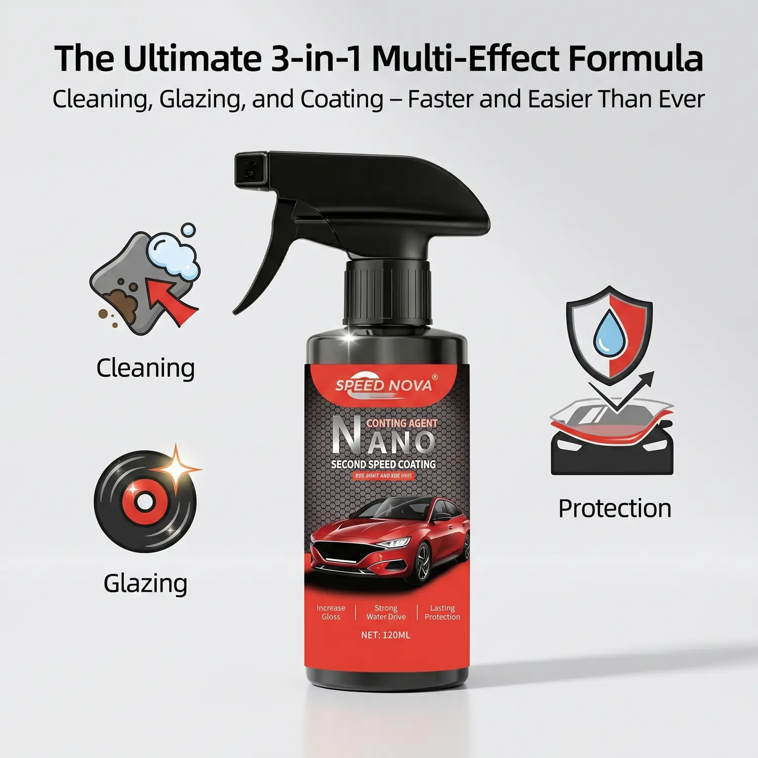 SPEED NOVA 3-in-1 Quick Car Ceramic Nano Coating Liquid (Includes Sponge & Towel), Ceramic Coating Agent with Hydrophobic & Dust-Proof Effects, for Automotive Detailing & Car Paint Waxing