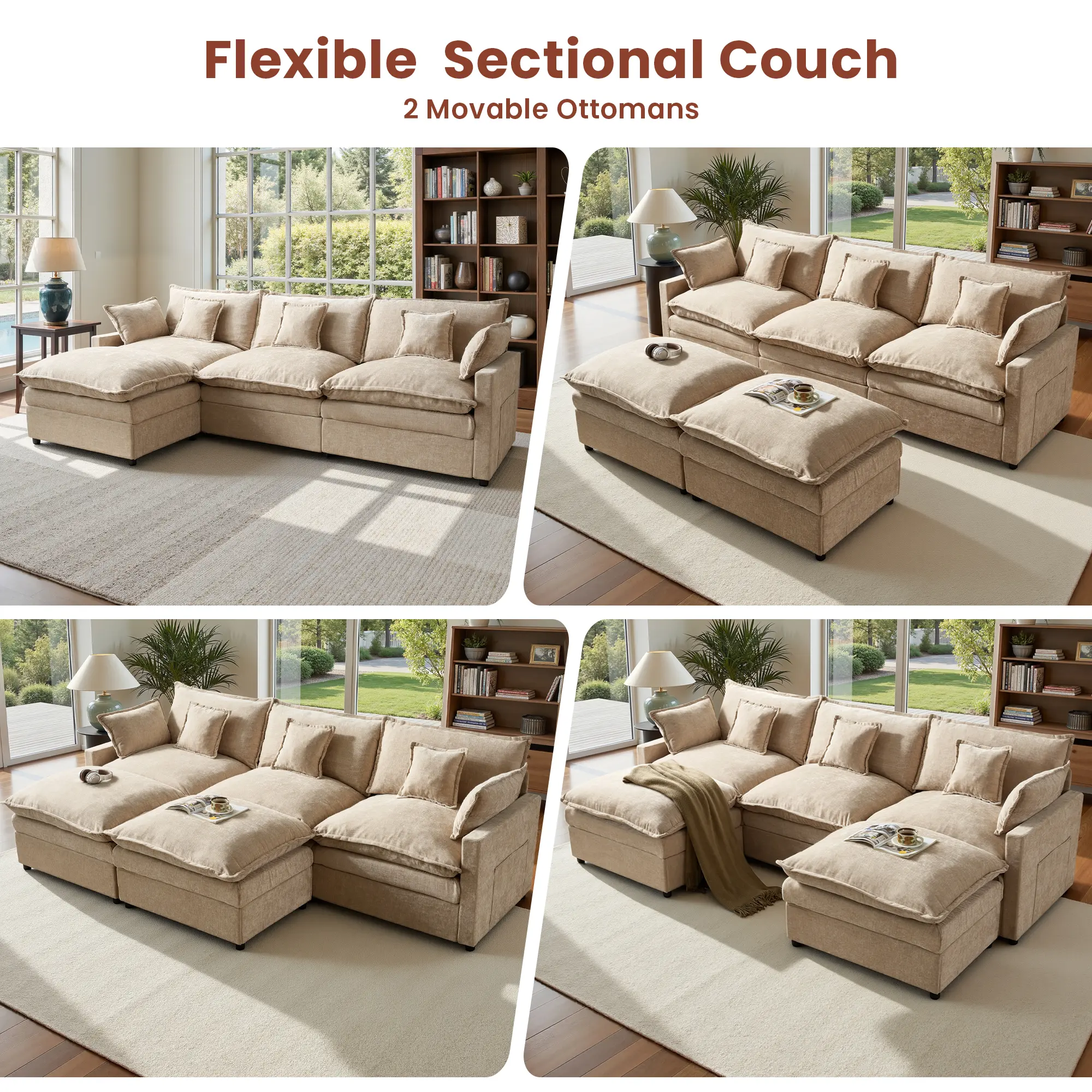 【2 Packages Shipping】OVIOS 108" U-Shaped Modern Sofa Modular Sectional Cloud Couch with 2 Ottoman, Comfy Chenille Deep Seat Sofa Bed for Living Room, Bedroom and Apartment, 5 Pillows Included 【2 Packages Shipping】OVIOS 108" U-Shaped Modern Sofa Modular Sectional Cloud Couch with 2 Ottoman, Comfy Chenille Deep Seat Sofa Bed for Living Room, Bedroom and Apartment, 5 Pillows Included