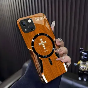 Luxury Wood Grain MagSafe phone case Carbon Fiber Texture Golden Cross Emblem for [iPhone 15] 952