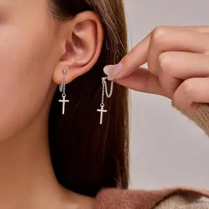 Cross Chain Studs Earrings for Women,925 Sterling Silver Cross Teardrop Chain Dangle Earrings to Daughter 14K Gold Plated Minimalist Religious Belief Earrings Dangle Earrings Christmas Jewelry Gift