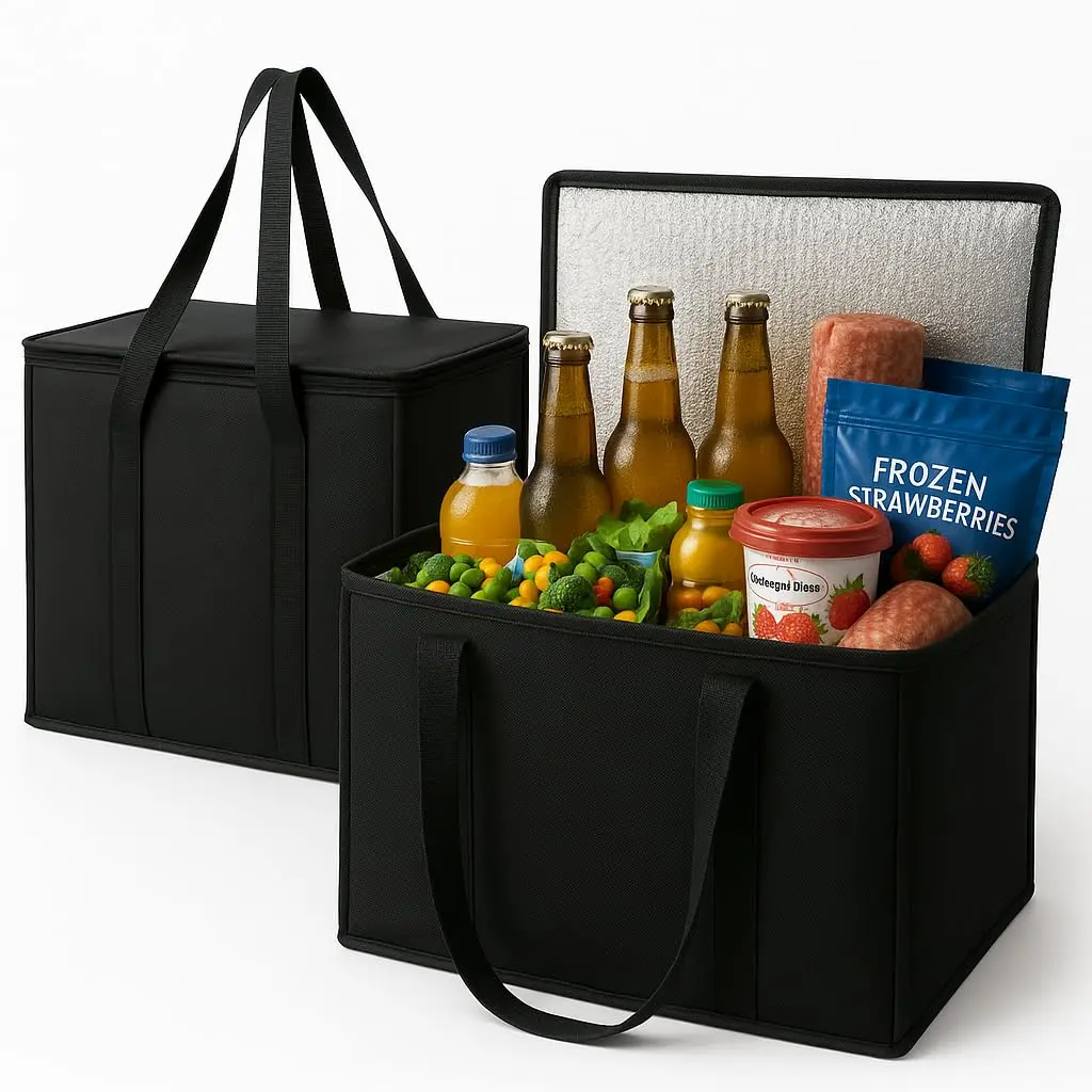 2-Pack, XL-Large Insulated Grocery Shopping Bags, Black, Reusable Bag,Thermal Zipper,Collapsible,Tote,Cooler,Food Transport hot and Cold,Camping