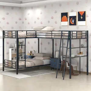 L-Shaped Bunk Bed Frame Twin over Twin, Metal Triple Bunk Bed With Desk and Shelf for Bedroom, Twin Over Twin Bunk Bed with Twin Size Loft Bed Attached - Brown
