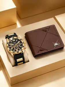 2pcs Men's Multifunction Stylish Quartz Watch Set, Fashionable Watches, Face Business Watch + PU Leather Wallet, Perfect Gift for Him on Holidays