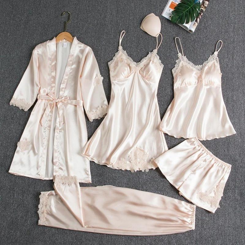 5PC Silk Robe Sleep Suit Womens Lace Satin Pajamas Gown Set V-Neck Cami ...