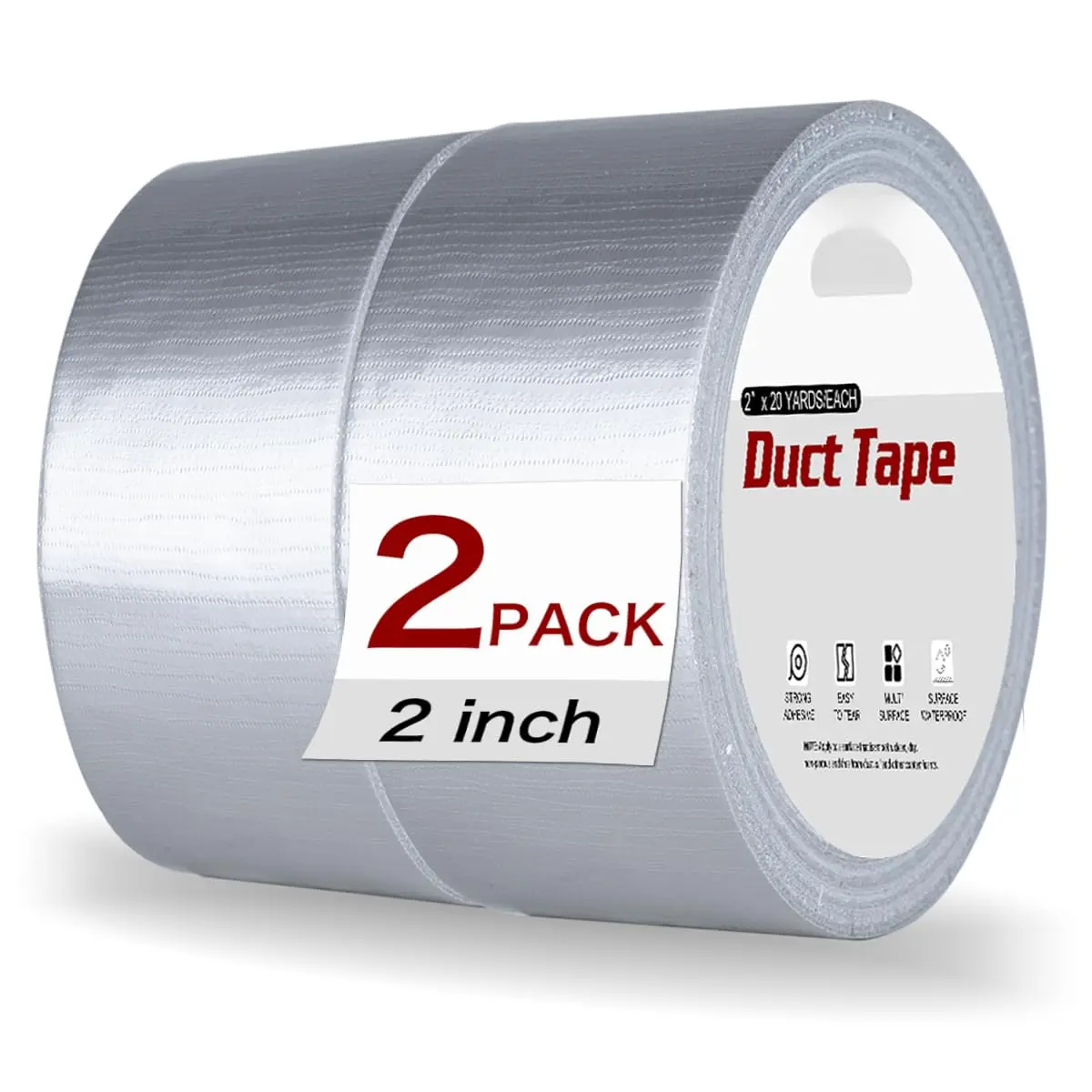 2 Pack Silver Duct Tape Heavy Duty Waterproof, Strong Adhesive for Indoor Outdoor Repairs, 40 Yards x 2 Inch Total