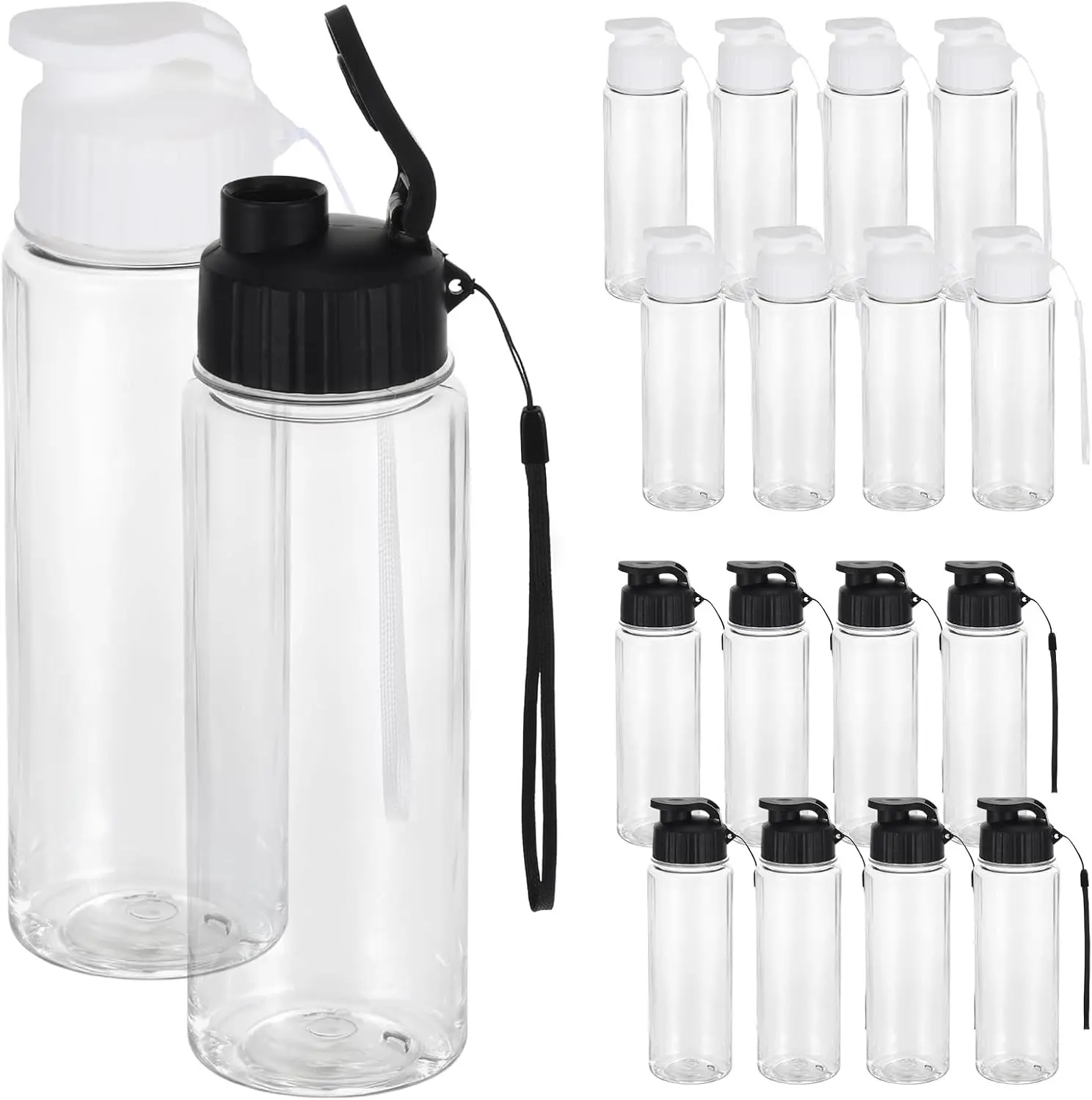 16 Pack Plastic Water Bottles Bulk with Handle Strap, 17oz Sports Water Bottles Reusable Drinking Cups Lightweight Leakproof Flip Top Bottle for Adults Gym Fitness Sports (White & Black) Gift
