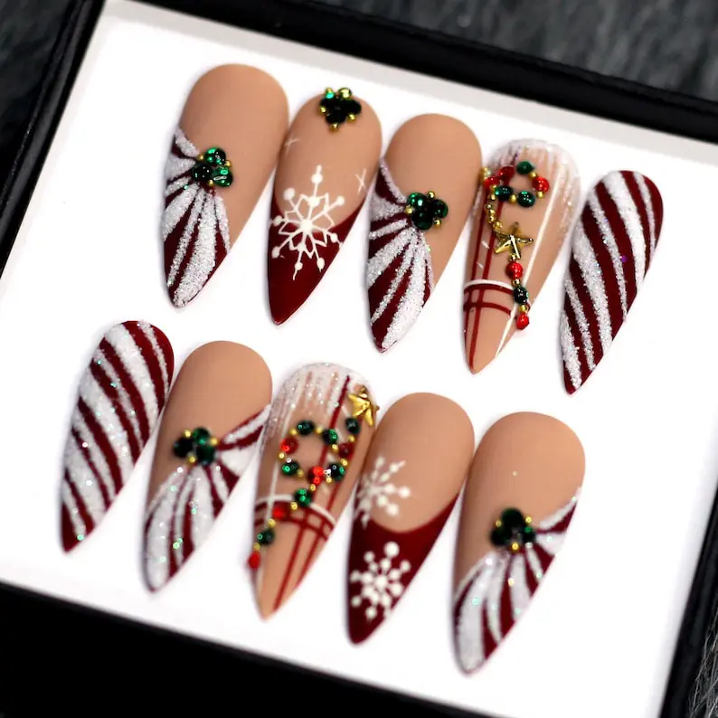 Christmas Candy Cane Press On Nails | Snowflake Holiday Nail Art | Festive Winter Nails | Handmade Fake Nails | Christmas Party Nail Set