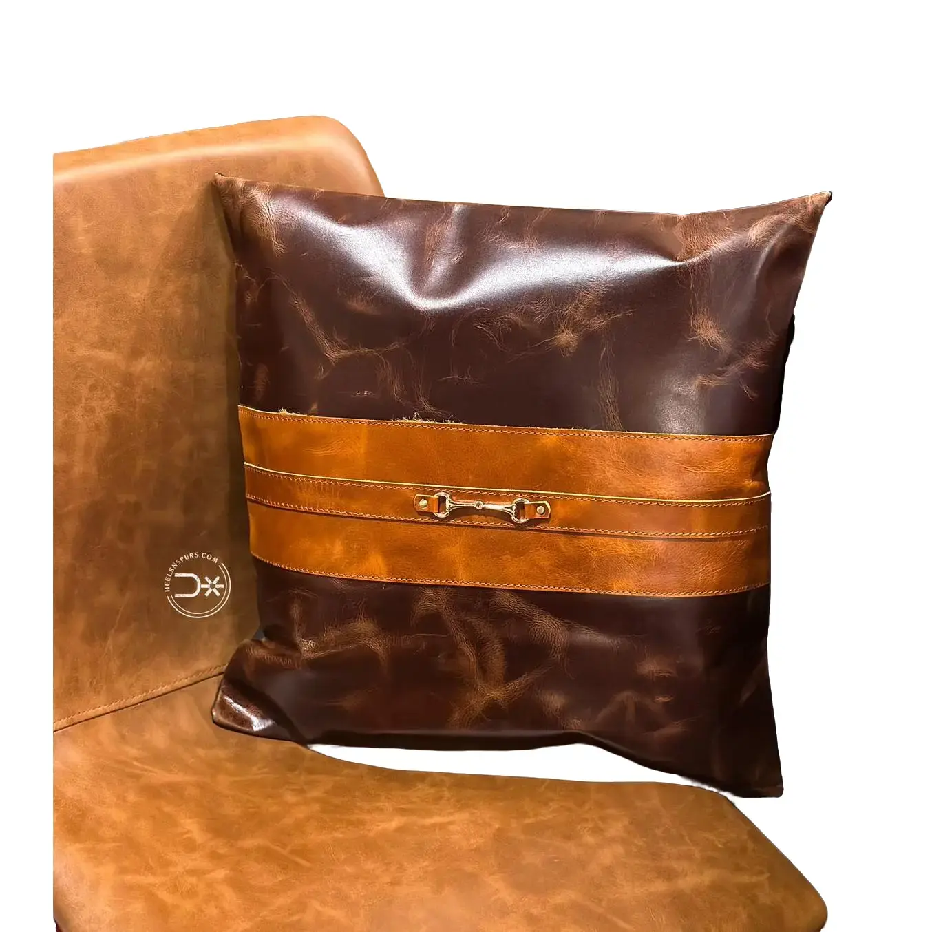 Snaffle Bit Leather Pillow - All Seasons Decorative Pillow with Brown Leather and Gold Accents