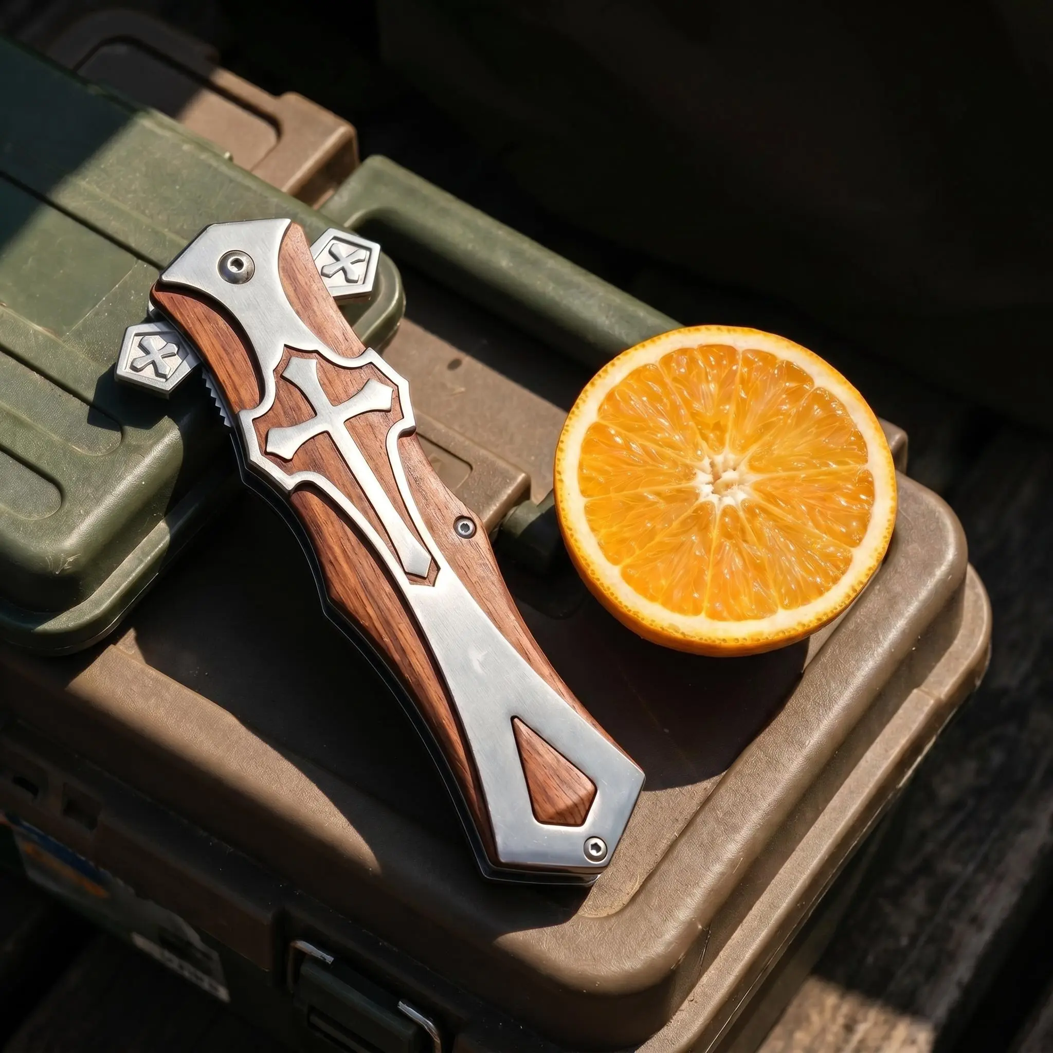 Premium Engraved Walnut Wood EDC Pocket Tool with Non-Slip Wooden Handle, Outdoor Gear for Camping Fishing, Engraved Design